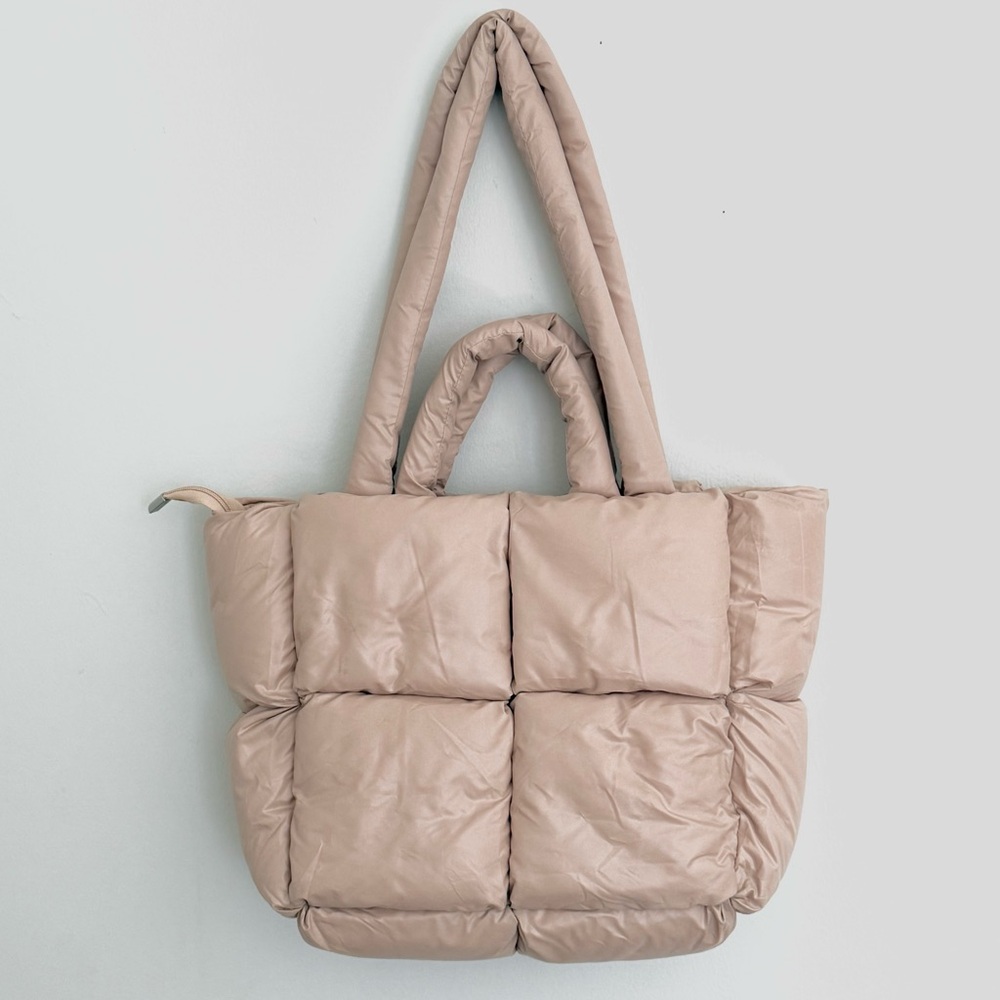 Quilted Taupe Puffer Tote Bag